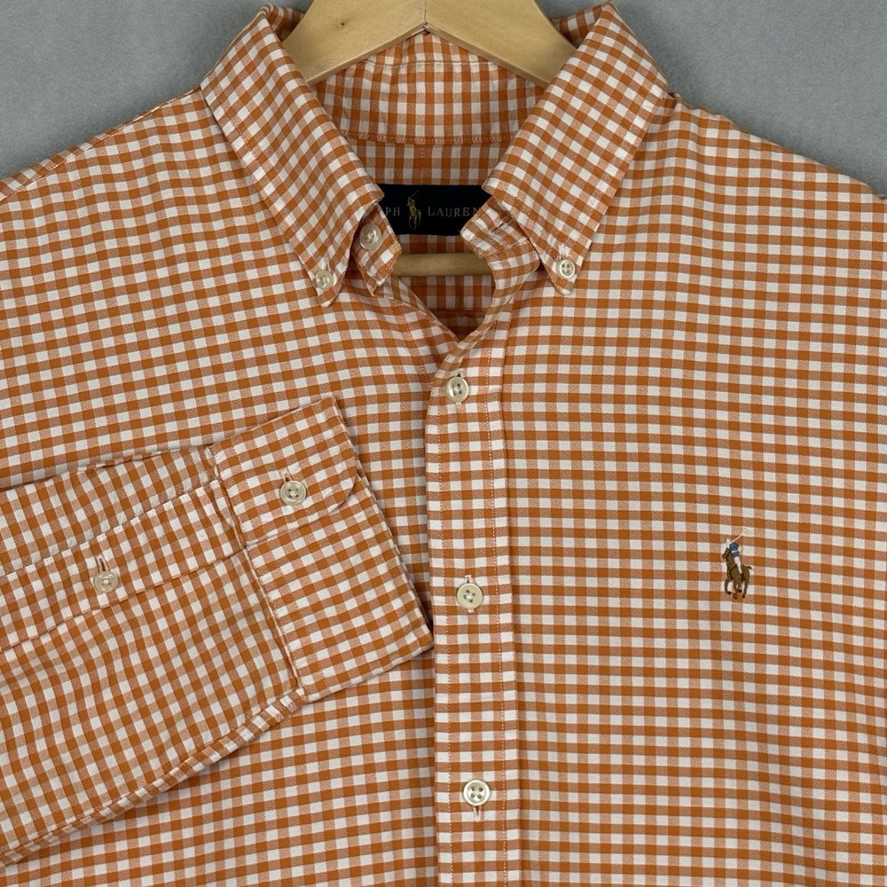 Polo Ralph Lauren Oxford Shirt Mens Large Orange Gingham Flesh Pony Long Sleeve